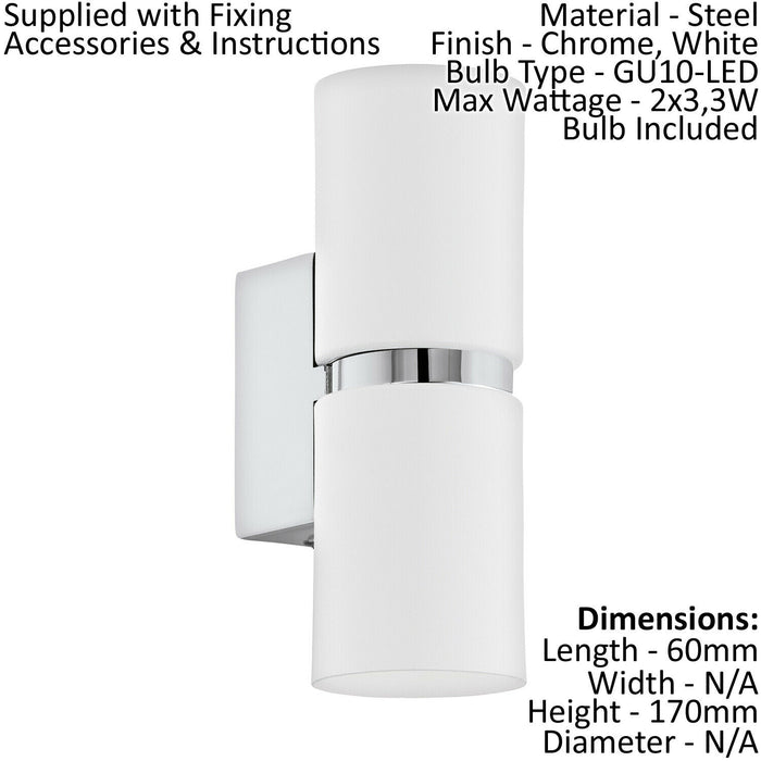 Wall Light 2 x White Shades Chrome Banding & Back Plate Bulb GU10 2x3.3W Incl Loops