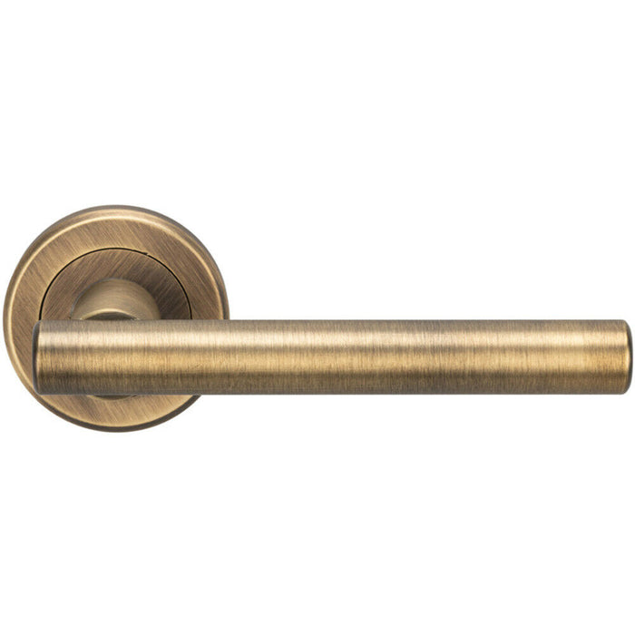 Door Handle & Latch Pack Antique Brass Round T Bar Lever Screwless Round Rose Loops