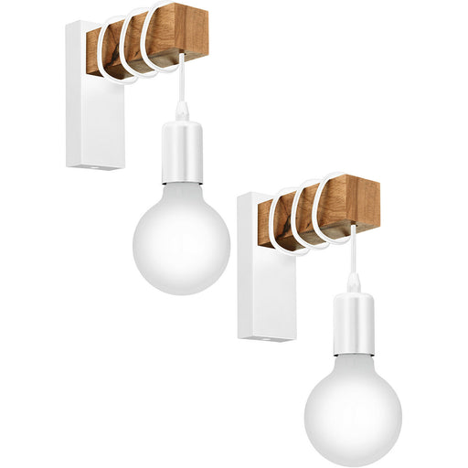 2 PACK LED Wall Light / Sconce White Plate & Wood Hangman Arm 1x 10W E27 Loops