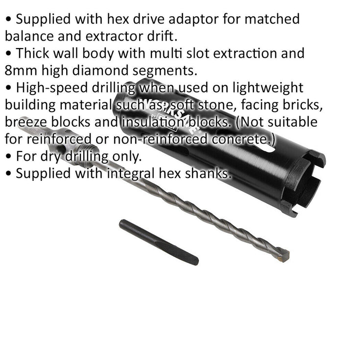 52mm x 150mm - Dry Diamond Core Drill Hole Saw - Hex Drive Adaptor - Drill Bit Loops