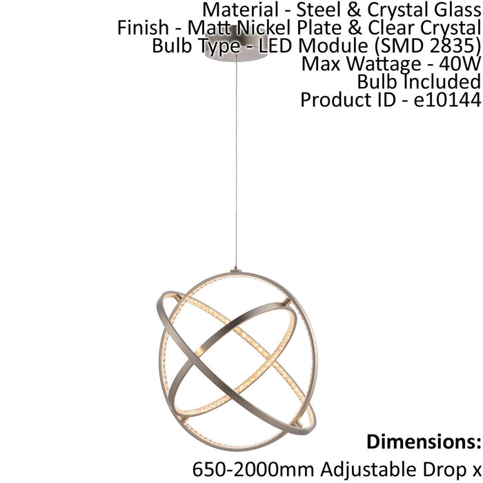 Ceiling Pendant Light Matt Nickel & Clear Crystal 40W LED Bulb Included Loops