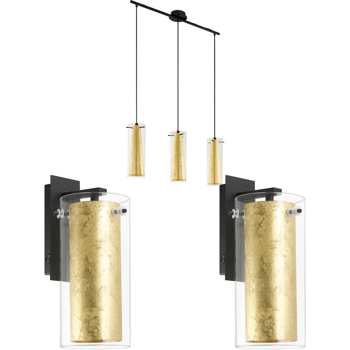 Ceiling Pendant Light & 2x Matching Wall Lights Clear Glass & Gold Shade Lamp Loops