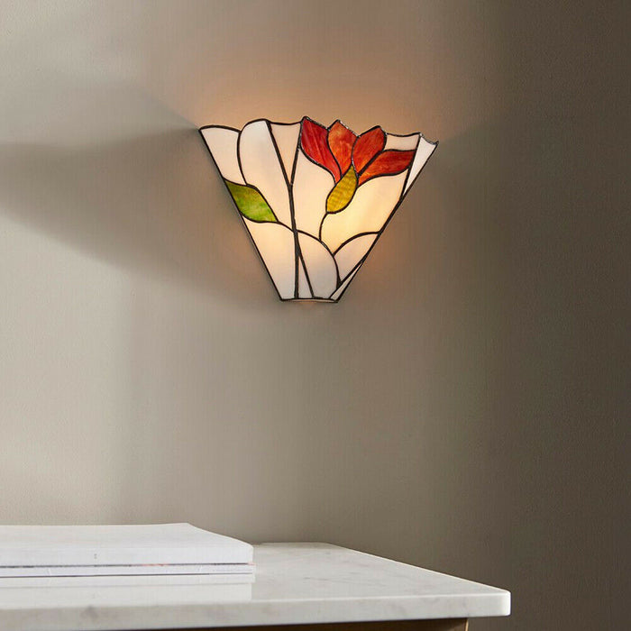 Tiffany Glass Floral Design Wall Light - Dark Bronze Effect - Dimmable LED Lamp Loops