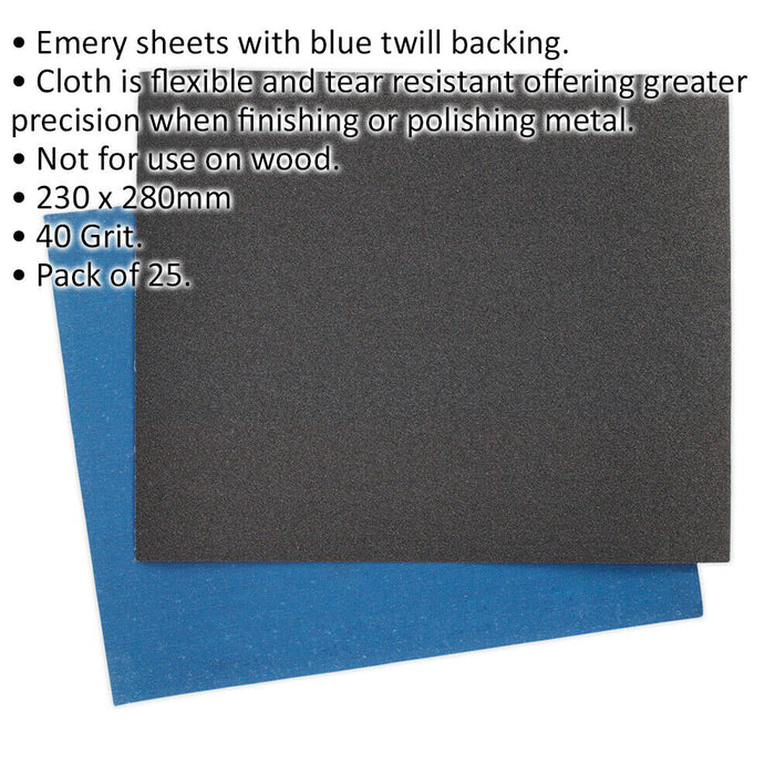25 PK Blue Twill Emery Sheet 230 x 280mm - Flexible & Tear Resistant - 40 Grit Loops