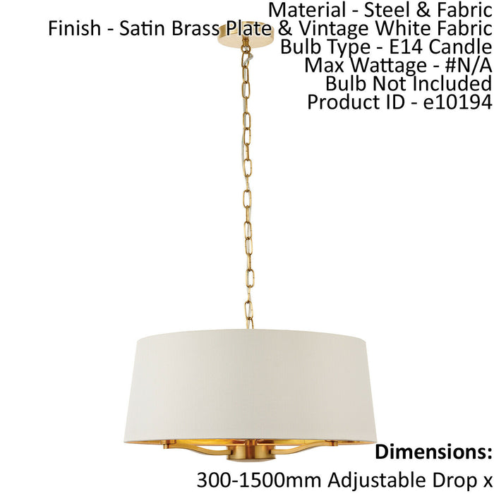 Ceiling Pendant Light Satin Brass & Vintage White Fabric 3 x 40W E14 e10194 Loops