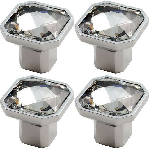4x Square Faceted Crystal Cupboard Door Knob 32 x 32 x 32mm Polished Chrome Loops