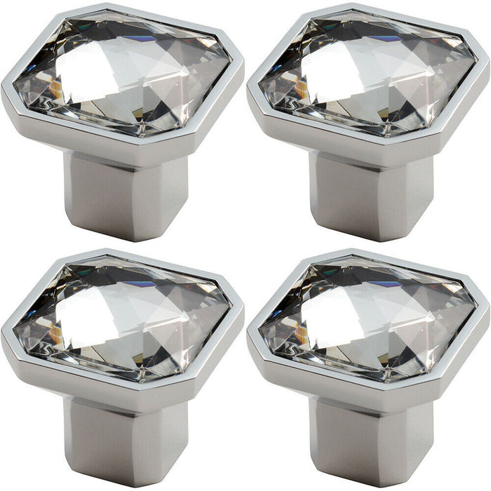 4x Square Faceted Crystal Cupboard Door Knob 32 x 32 x 32mm Polished Chrome Loops
