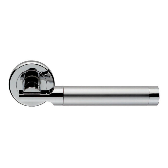 PAIR Round Bar Handle on Chamfered Edged Round Rose Satin & Polished Chrome Loops