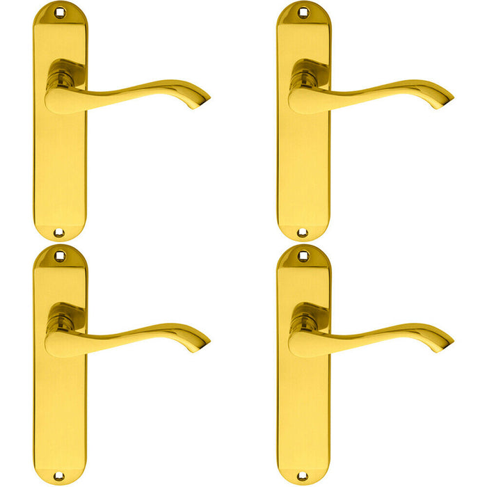 4x PAIR Curved Handle on Chamfered Latch Backplate 180 x 40mm Polished Brass Loops