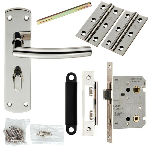 Door Handle & Bathroom Lock Pack Polished Steel Curved Lever Turn Backplate Loops