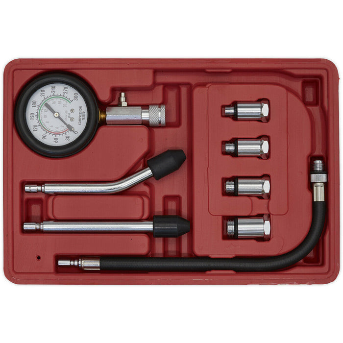 8 Piece Petrol Engine Compression Test Kit - 63mm Gauge - Connectors & Adaptors Loops