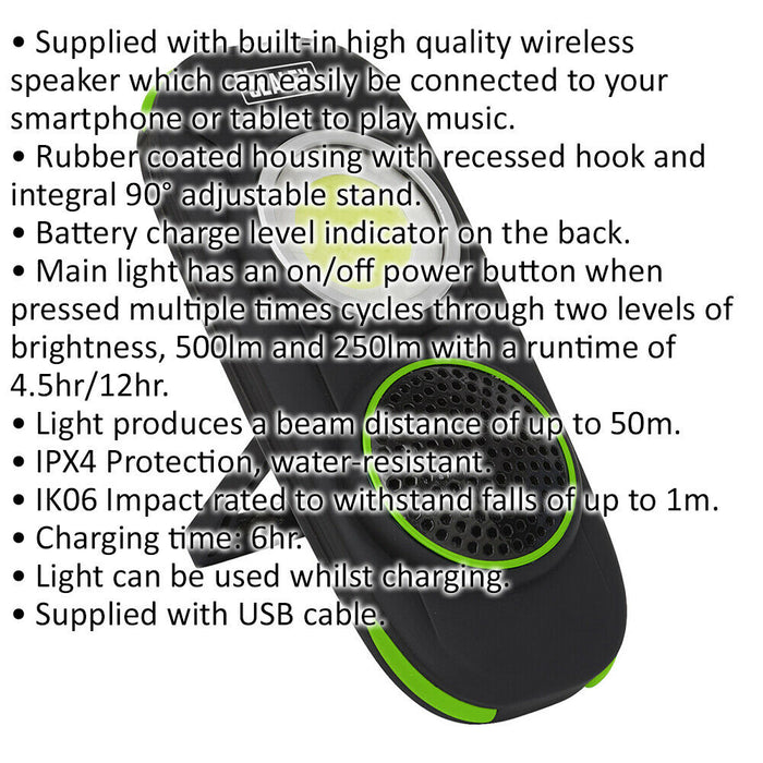 Rechargeable Torch with Built In Wireless Speaker - 10W COB LED - USB Cable Loops
