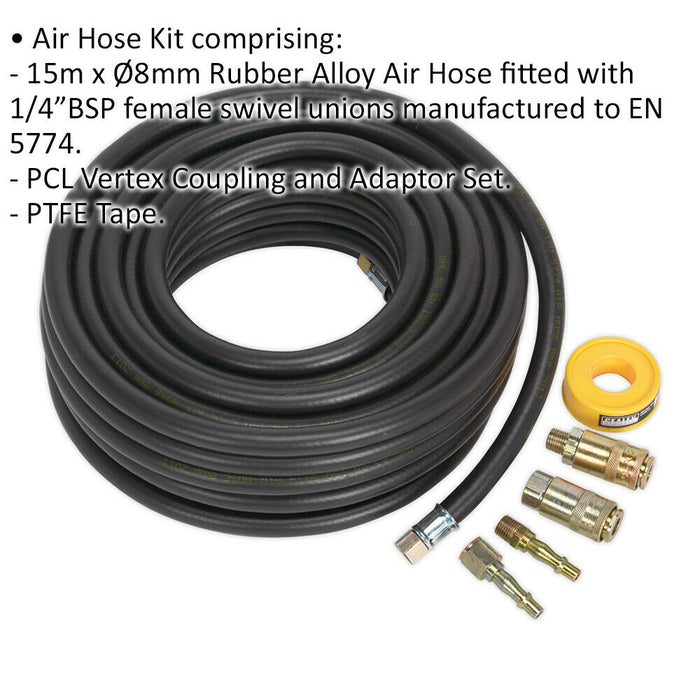 Rubber Alloy Air Hose Kit - 15m Hose - 1/4 Inch BSP Unions - Adaptors and Tape Loops