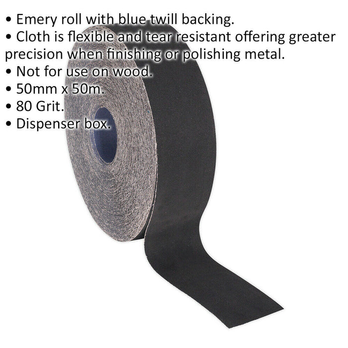 Blue Twill Emery Roll - 50mm x 50m - Flexible & Tear Resistant - 80 Grit Loops