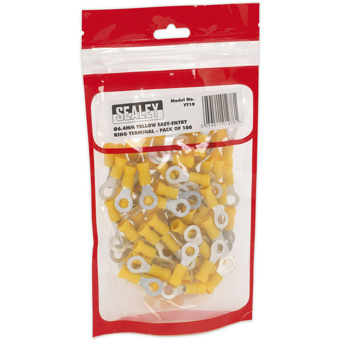 100 PACK Easy-Entry Ring Terminal - 6.4mm Dia - 12 to 10 AWG Cable - Yellow Loops