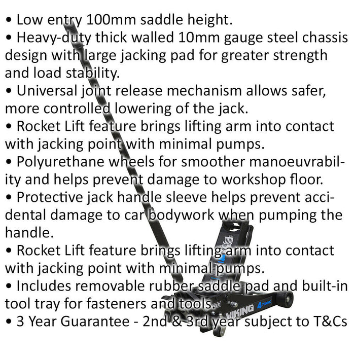 PREMIUM 4T Low Entry Tyre Bay Trolley Jack & Rocket Lift Universal Joint Release Loops