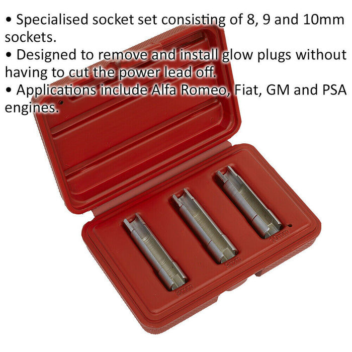 3 Piece Glow Plug Socket Set - 8mm 9mm & 10mm Sockets - Remove & Install Plugs Loops