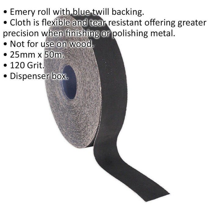 Blue Twill Emery Roll - 25mm x 50m - Flexible & Tear Resistant - 120 Grit Loops