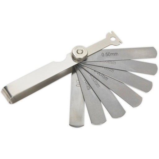 7 Blade Spark Plug Feeler Gauge - 0.5mm to 1.1mm - 75 x 13mm Blades - Metric Loops