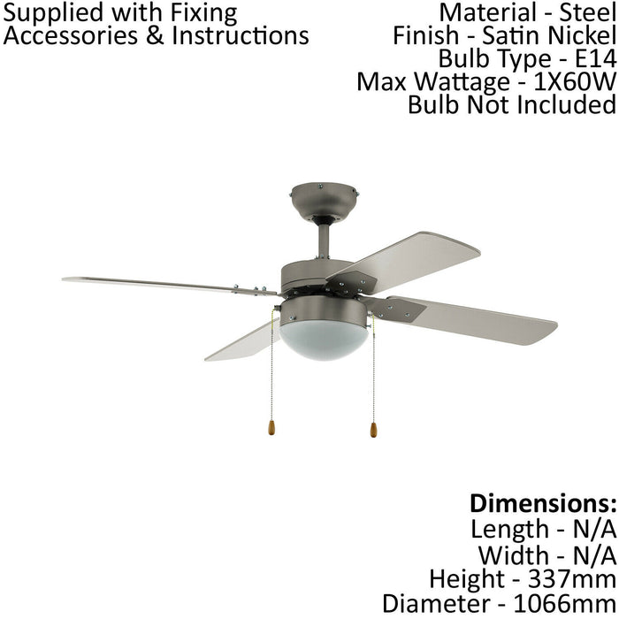 Remote Control Ceiling Fan & Light Satin Nickel & White Shade 1 x 60W E14 Bulb Loops