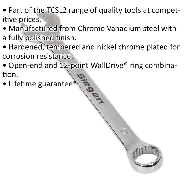 Hardened Steel Combination Spanner - 27mm - Polished Chrome Vanadium Wrench Loops