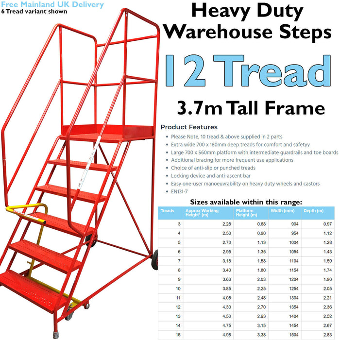 12 Tread HEAVY DUTY Mobile Warehouse Stairs Punched Steps 3.7m Safety Ladder Loops