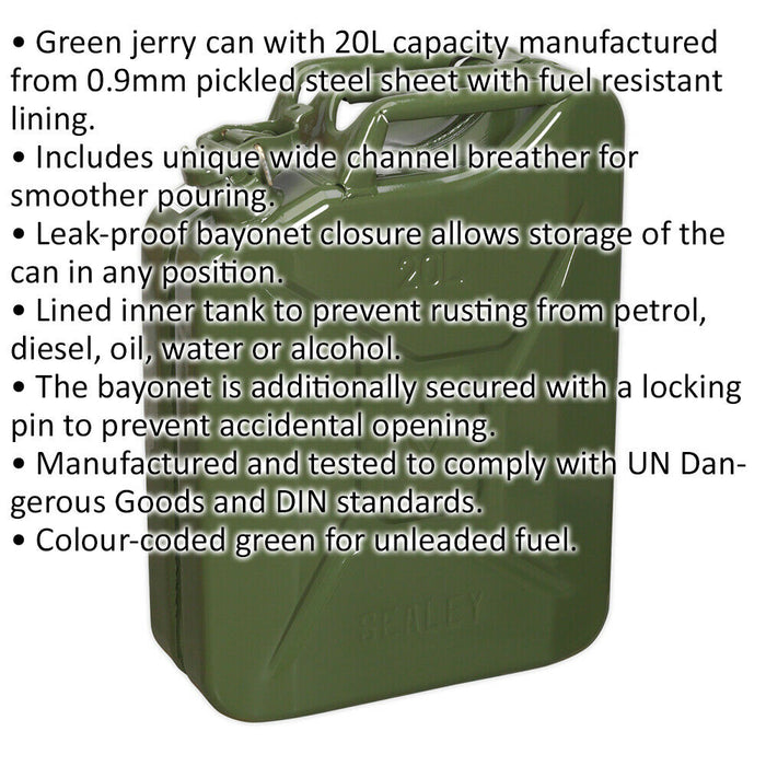 20 Litre Jerry Can - Leak-Proof Bayonet Closure - Fuel Resistant Lining - Green Loops