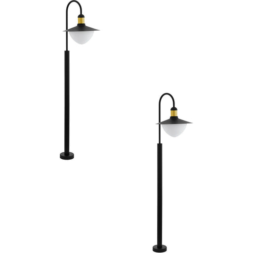 2 PACK IP44 Outdoor Bollard Light Black & Gold Curved Arm Post 1x 60W E27 Loops