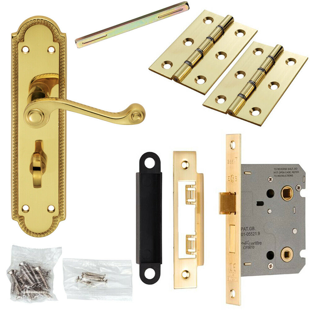 Door Handle & Bathroom Lock Pack Brass Scroll Lever Thumb Reeded Backplate Loops