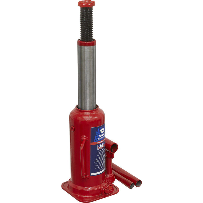 12 Tonne Bottle Jack - Machine Welded Base & Reservoir - 457mm Maximum Height Loops