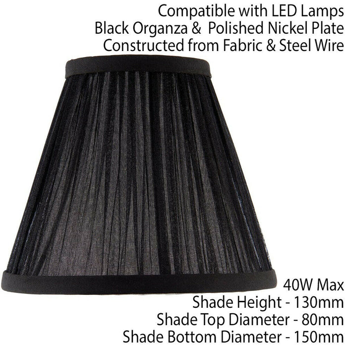 6" Luxury Round Tapered Lamp Shade Black Pleated Organza Modern Elegant Drum Loops