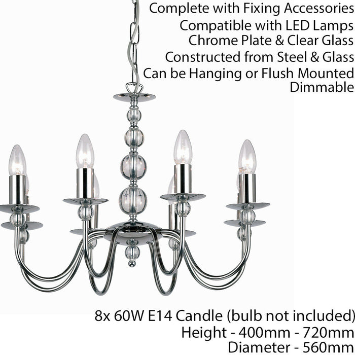 Hanging Flush Ceiling Pendant 8 Light CHROME & GLASS Chandelier Multi Lamp Bulb Loops