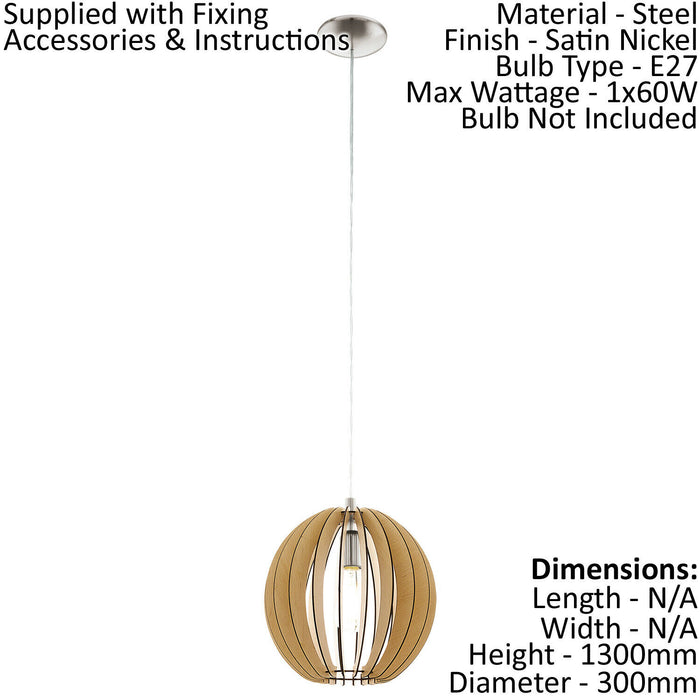 Pendant Ceiling Light Colour Satin Nickel Shade Maple Wood Small Bulb E27 1x60W Loops