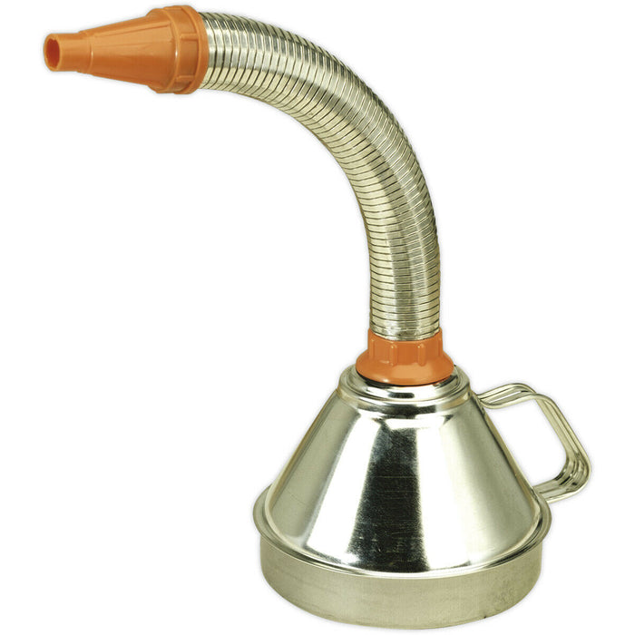 160mm Metal Funnel with Brass Filter - Flexi Spout - Pouring Handle - High Rim Loops