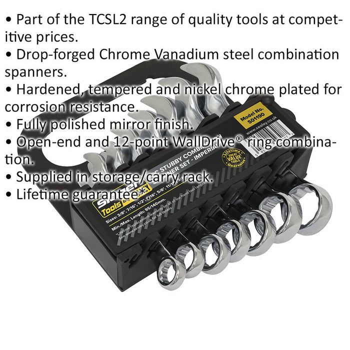 7pc STUBBY Short Handled Combination Spanner Set - 12 Point Imp Ring Open Head Loops