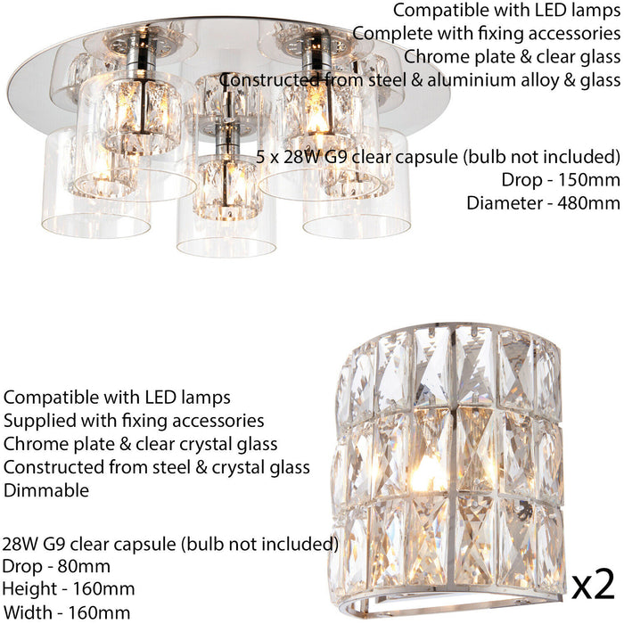 5 Bulb Ceiling Lamp & 2x Matching Flush Wall Light Round Chrome & Crystal Glass Loops