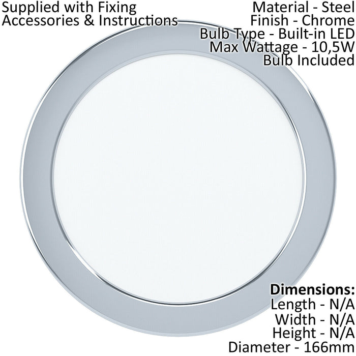 Wall / Ceiling Flush Downlight Chrome Steel 10.5W Built in LED 166mm Round Loops