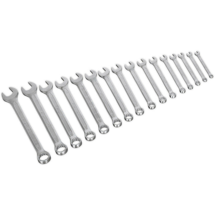 16pc Slim Handled Combination Spanner Set -12 Point Metric Ring Open Head Wrench Loops