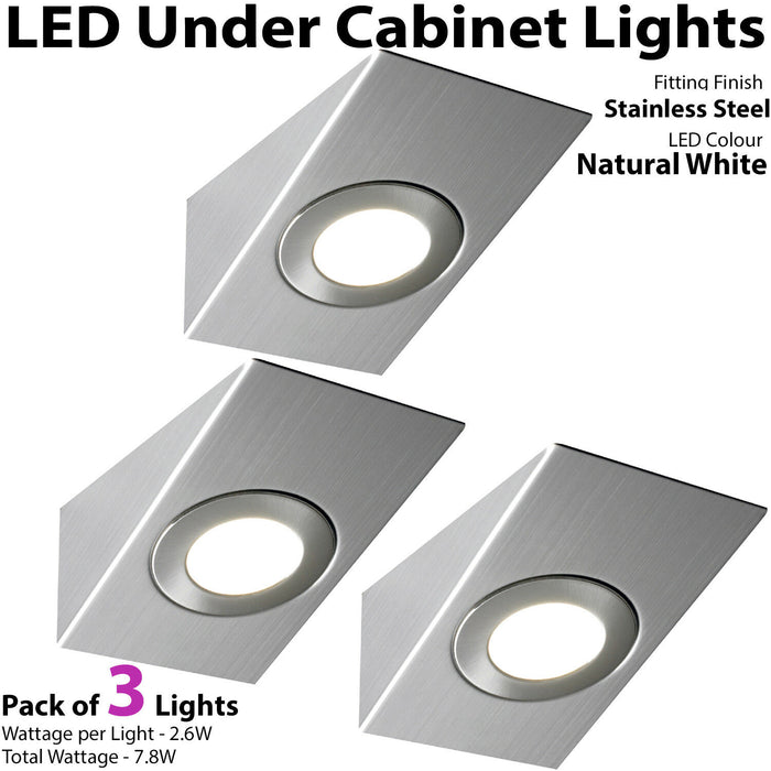 3x 2.6W LED Kitchen Wedge Spot Light & Driver Kit Stainless Steel Natural White Loops