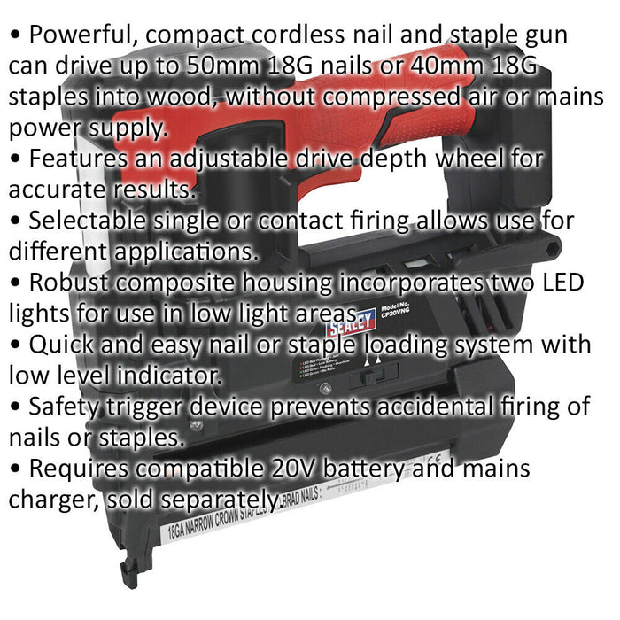 20V Cordless Staple & Nail Gun - 18 SWG - BODY ONLY - Safety Trigger System Loops