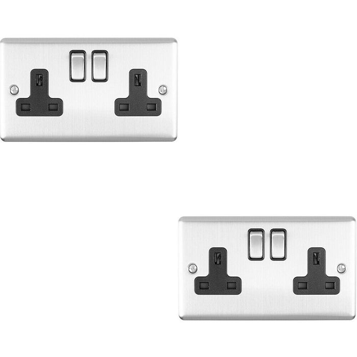 2 PACK 2 Gang Double UK Plug Socket SATIN STEEL & Black 13A Switched Outlet Loops