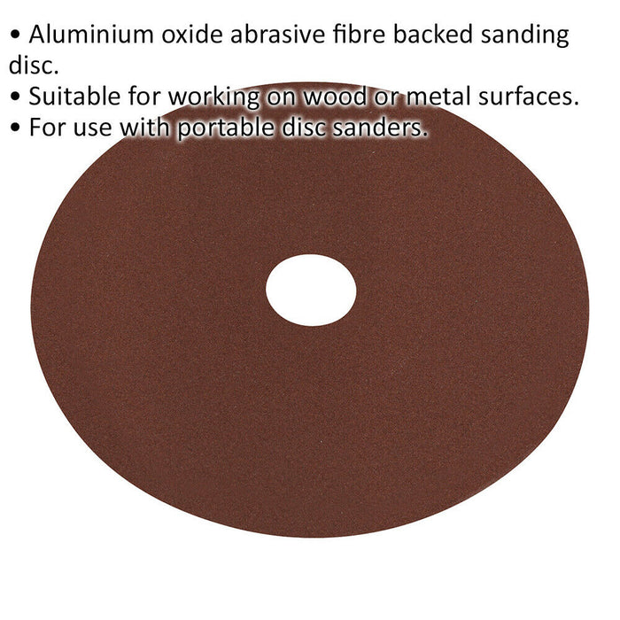 25 PACK 115mm Fibre Backed Sanding Discs - 120 Grit Aluminium Oxide Round Sheet Loops