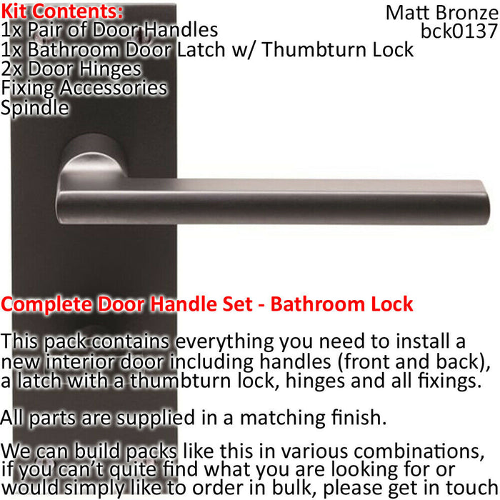 Door Handle & Bathroom Lock Pack Matt Bronze Flat Lever Thumb Turn Backplate Loops