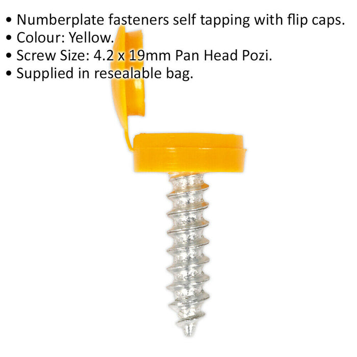 50 PACK 4.2 x 19mm Yellow Numberplate Screw with Flip Cap Plastic Enclosed Head Loops