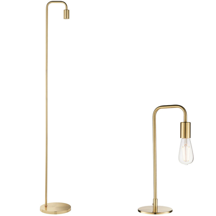 Standing Floor & Table Lamp Set Brushed Brass Industrial Curved Arm Slim Light Loops