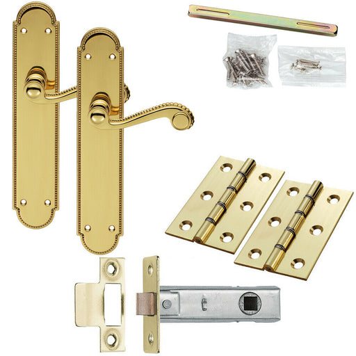 Door Handle & Latch Pack Brass Victorian Scroll Lever Round Beaded Backplate Loops