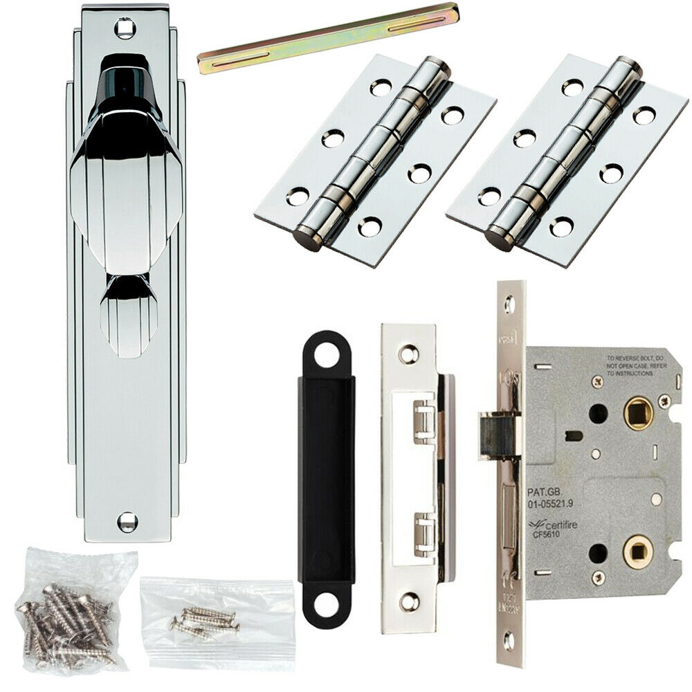 Door Knob & Bathroom Lock Pack Chrome Art Deco Premium Thumb Turn Backplate Loops