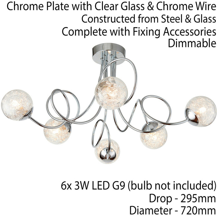 Semi Flush Ceiling Light Chrome Wire Shade 6x Lamp Adjustable Hanging Pendant Loops