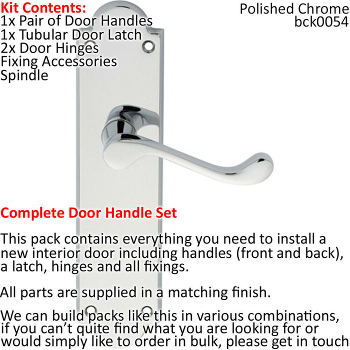 Door Handle & Latch Pack Chrome Victorian Scroll Lever Backplate 205 x 49mm Loops