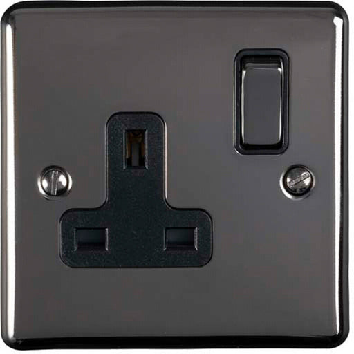 1 Gang Single UK Plug Socket BLACK NICKEL 13A Switched Mains Wall Power Outlet Loops